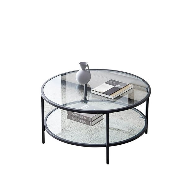 Modern 2 Tier Glass Top Coffee Table 36, Round Coffee Table With Glass Top And Shelf