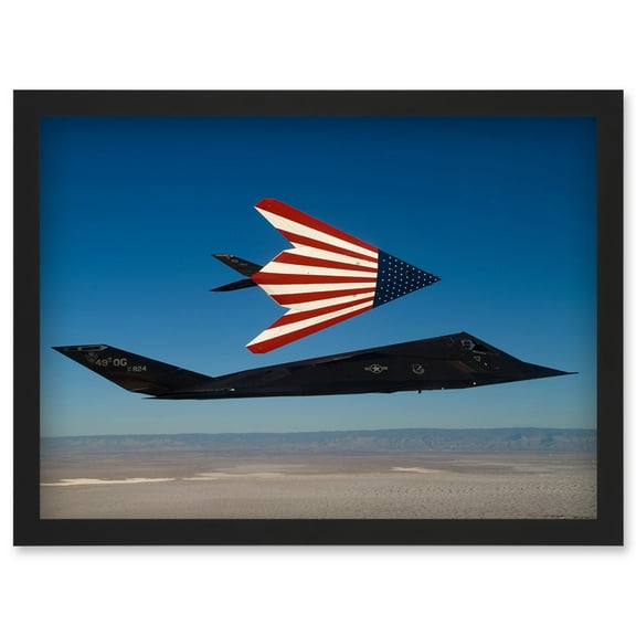 USAF F-117 Nighthawks in Flight with American Flag Stealth Stars And Stripes Attack Aircraft Jet Plane Artwork Framed Wall Art Print A4