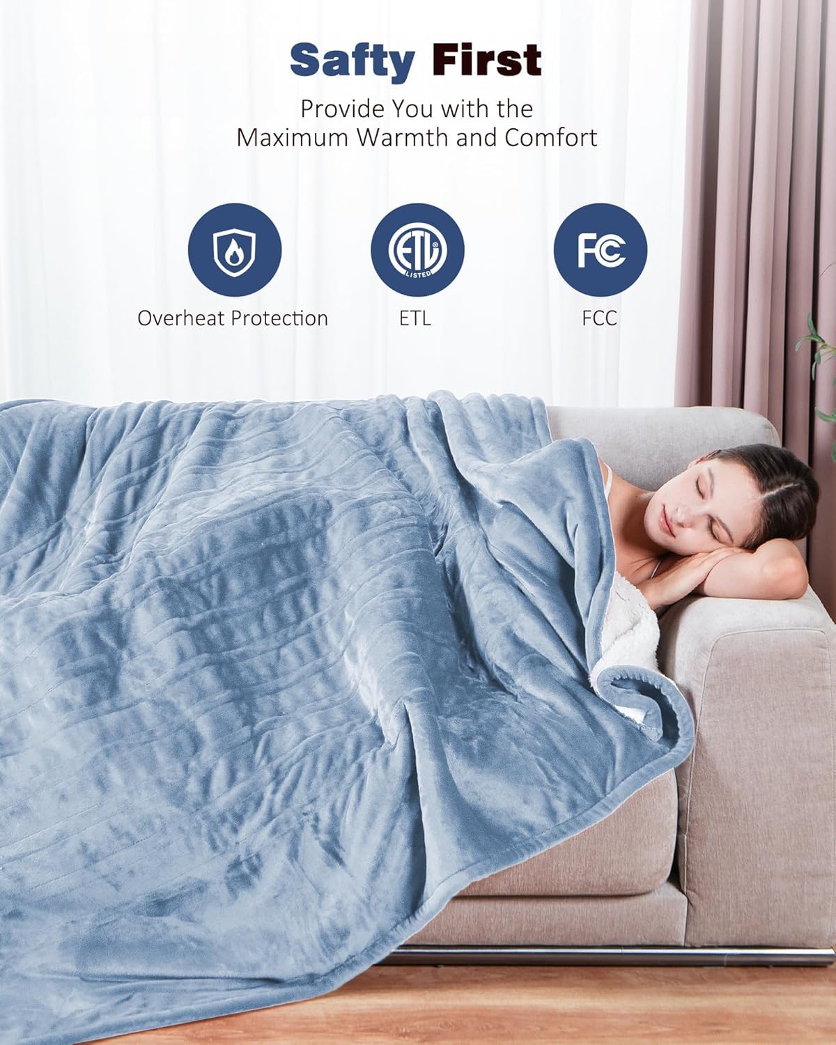 Ocuuziisu Electric Heated Blanket Throw Blanket 50" x 60" Flannel and Sherpa Electric Blanket with Buttons, 9 Heating Levels, Auto-off, Machine Washable, Blue