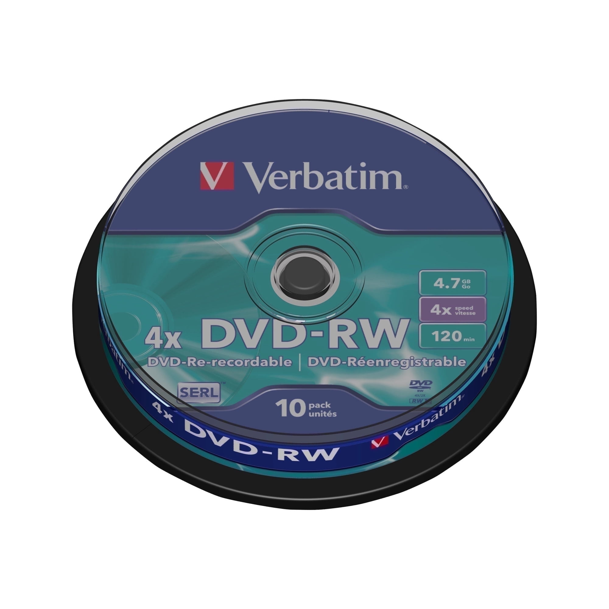Verbatim DataLifePlus 10 Pack DVD-RW Discs 4.7GB 4x Rewritable Discs Matte Silver For Video Recording and Data Storage (Spindle)