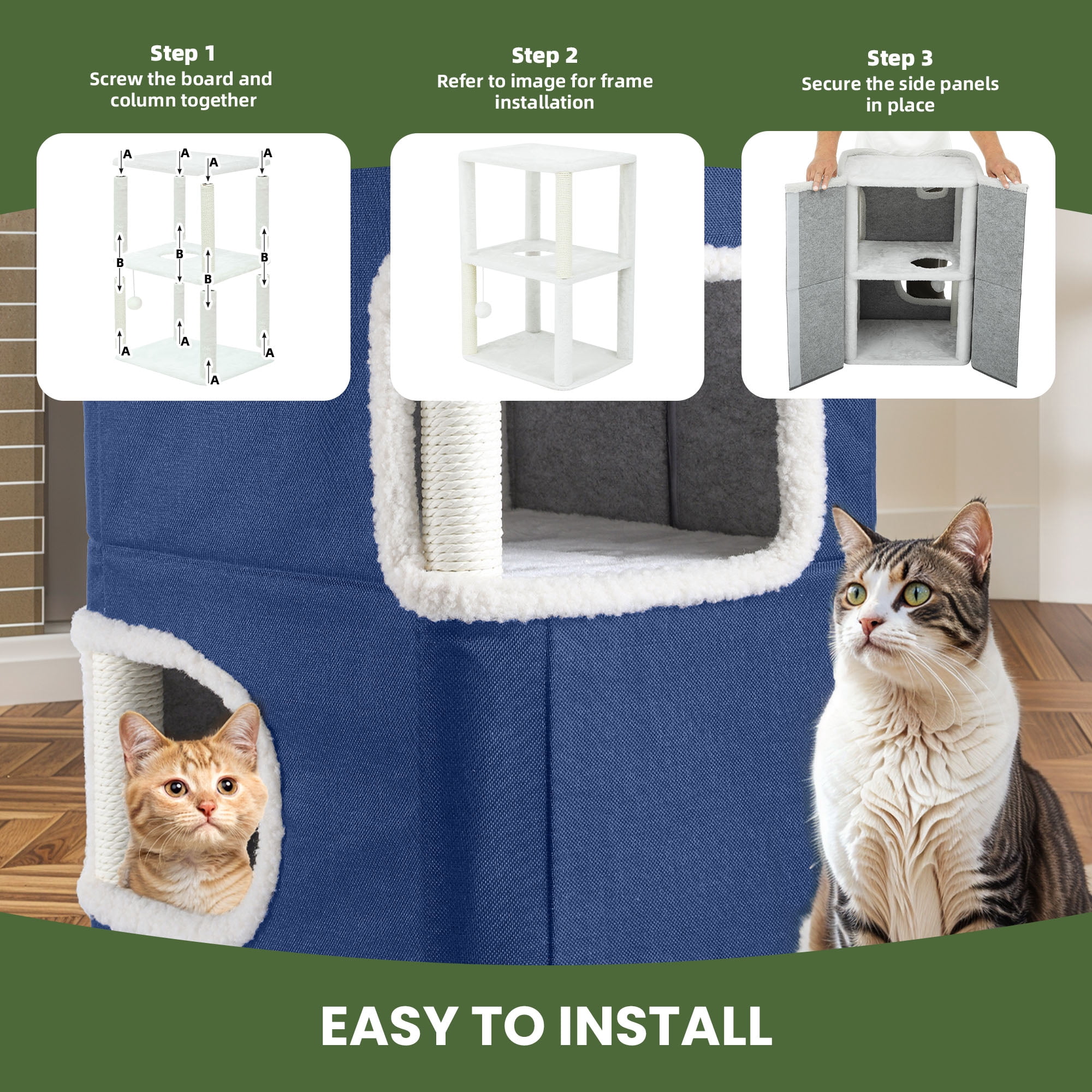 Uforic 2-Tier Indoor Cat Condo with Scratch Pad, Tunnels & Hideaway Cube, Navy Blue