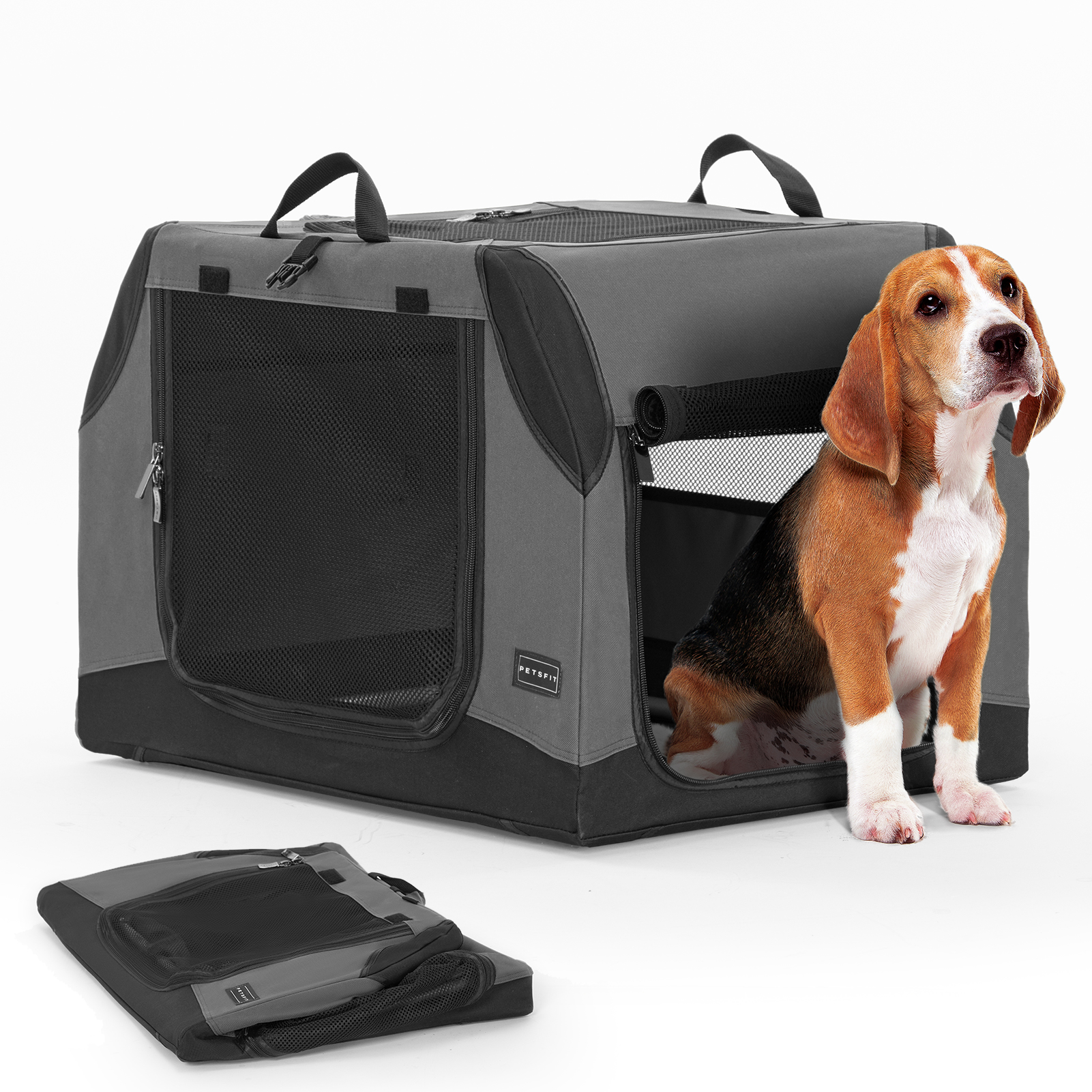 Petsfit Portable Dog Crate, Adjustable Fabric Cover by Spiral Iron Pipe, Strengthen Sewing Collapsible Dog Crate 3 Door Design (30" x 20" x 19", Gray)