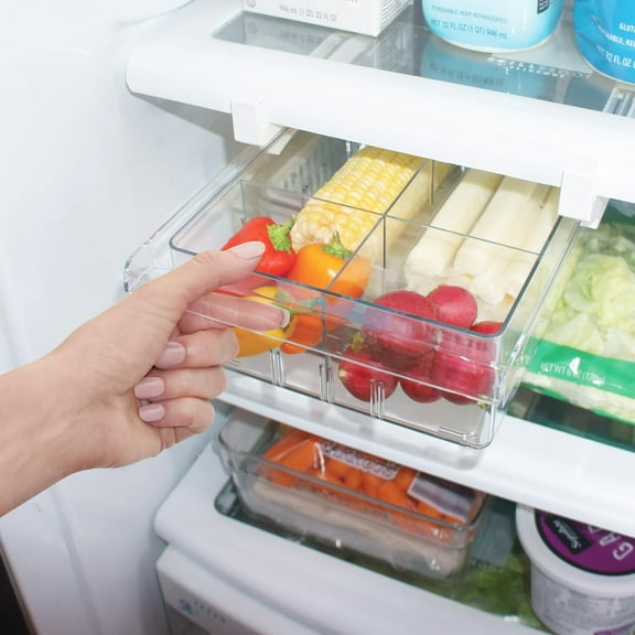 Undershelf Fridge Drawer Organizer, Easy Pull-Out Storage with Clear Dividers for Cheese, Fruits, Vegetables, Snacks, and Deli Meats, 12x7.8x3.7