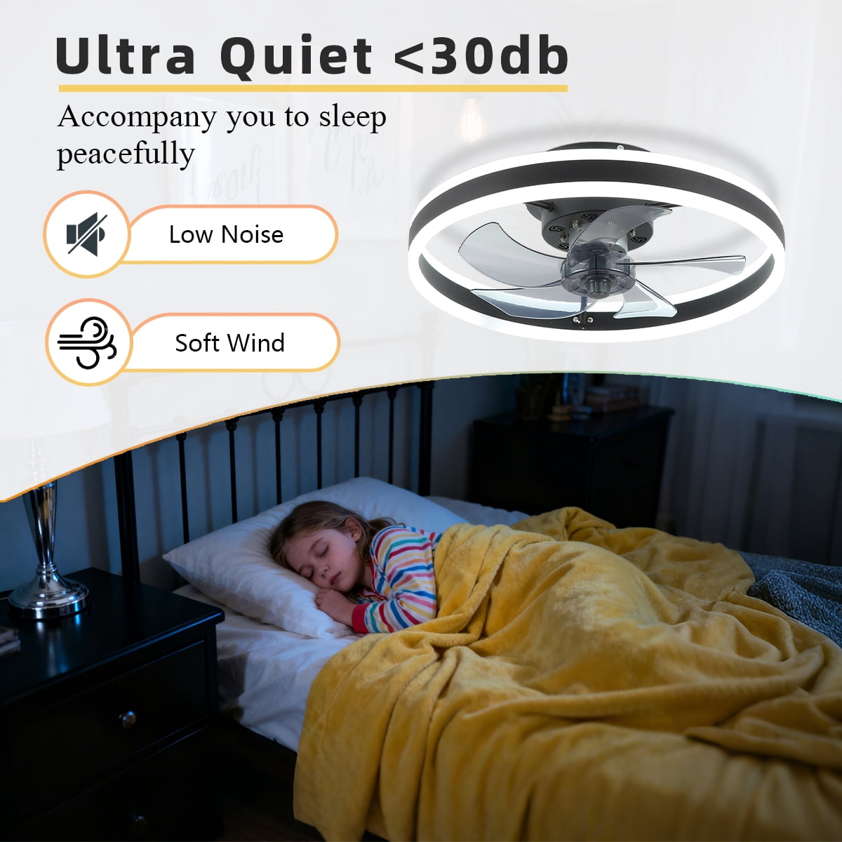 Low Profile Ceiling Fans with Lights and Remote, 20 in Flush Mount Ceiling Fans with Light, 3000K-6000K Dimmable Fandelier LED Fan Light and Reversible Moter, for Bedroom Living Room, Black