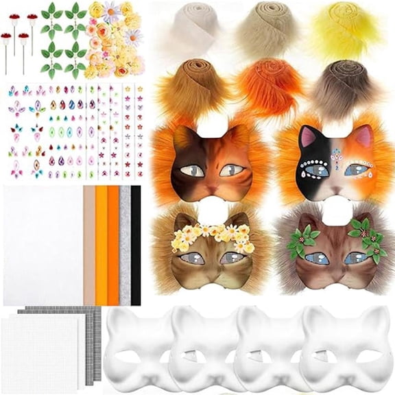 DIY Animal Mask Craft Kit, Cat Cosplay Mask Set with Faux Fur Felt and Decorations, Blank Paintable Masks for Party Halloween Costume Supplies