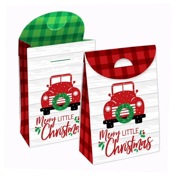 Big Dot of Happiness Merry Little Christmas Tree - Red Truck Christmas Gift Favor Bags - Party Goodie Boxes - Set of 12