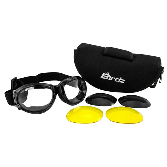Birdz Eyewear Eagle Padded Motorcycle Goggles Black Frame with Smoke Yellow & Clear Lenses Vented Sides Anti-Fog coating
