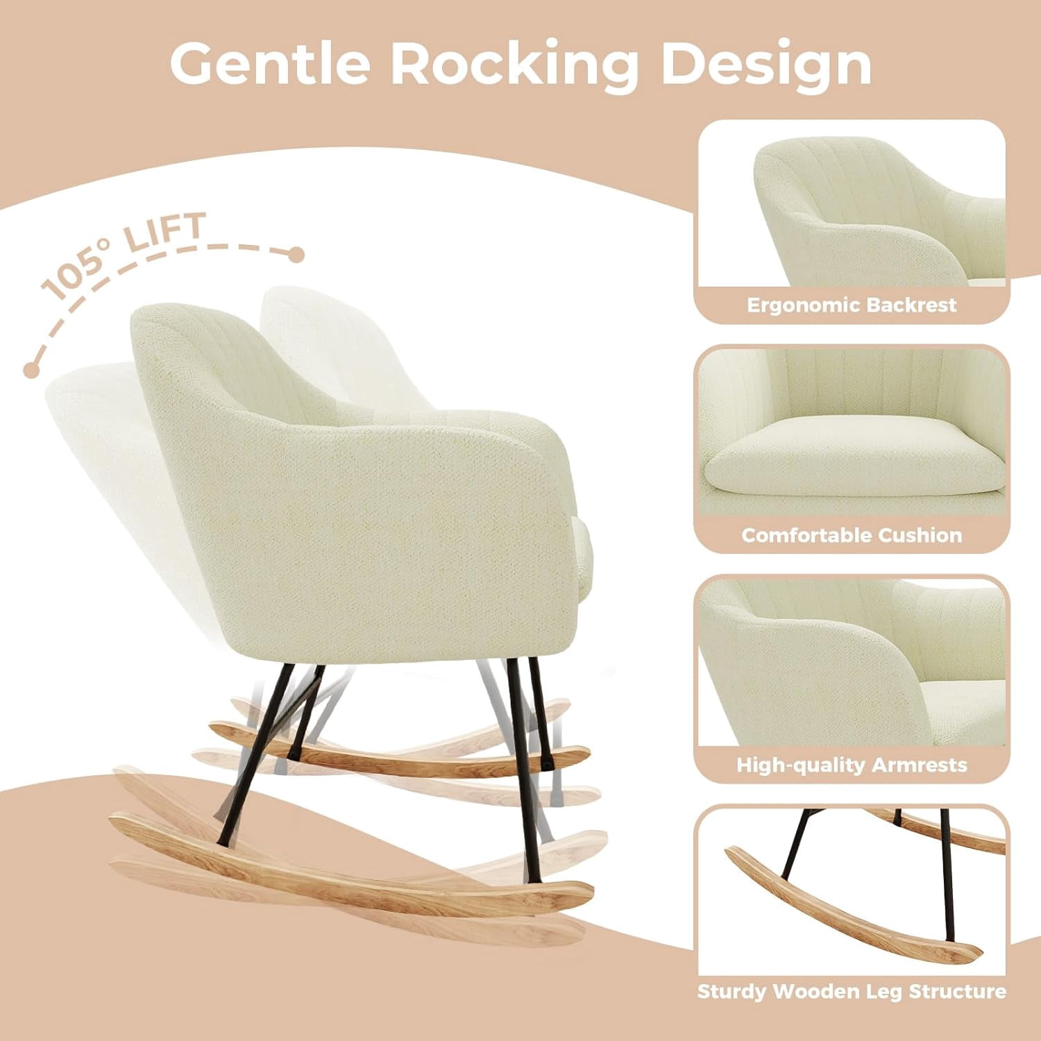 Plush Upholstered Rocking Chair – Soft Glider Nursery Chair with Premium Cushions, Sturdy Rubberwood Legs & Smooth Rocking Motion, Supports 330lbs – Cozy Accent Chair for Living Room, Bedroom & Baby N
