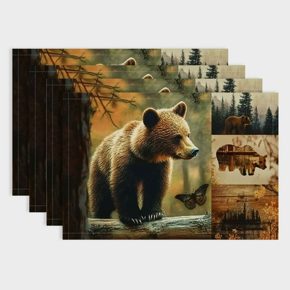 SHERONV Rustic Lodge Placemats Set of 4, Bear Deer Fox Cabin Country Brown Black Table Mats Heat Resistant Non-Slip Place Mat Kitchen Dining Room Party Decor Indoor Outdoor 18x12in