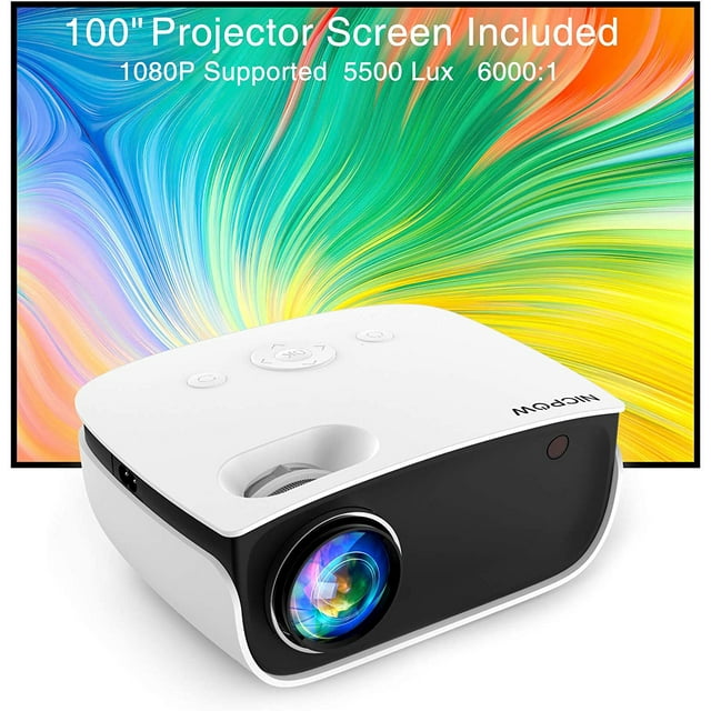 Video Projector,NICPOW Mini Projector with 100‘’ Movie Projector Screen,240‘’ &1080P Supported Outdoor Projector,Compatible with Fire Stick,PS4,HDMI,AV