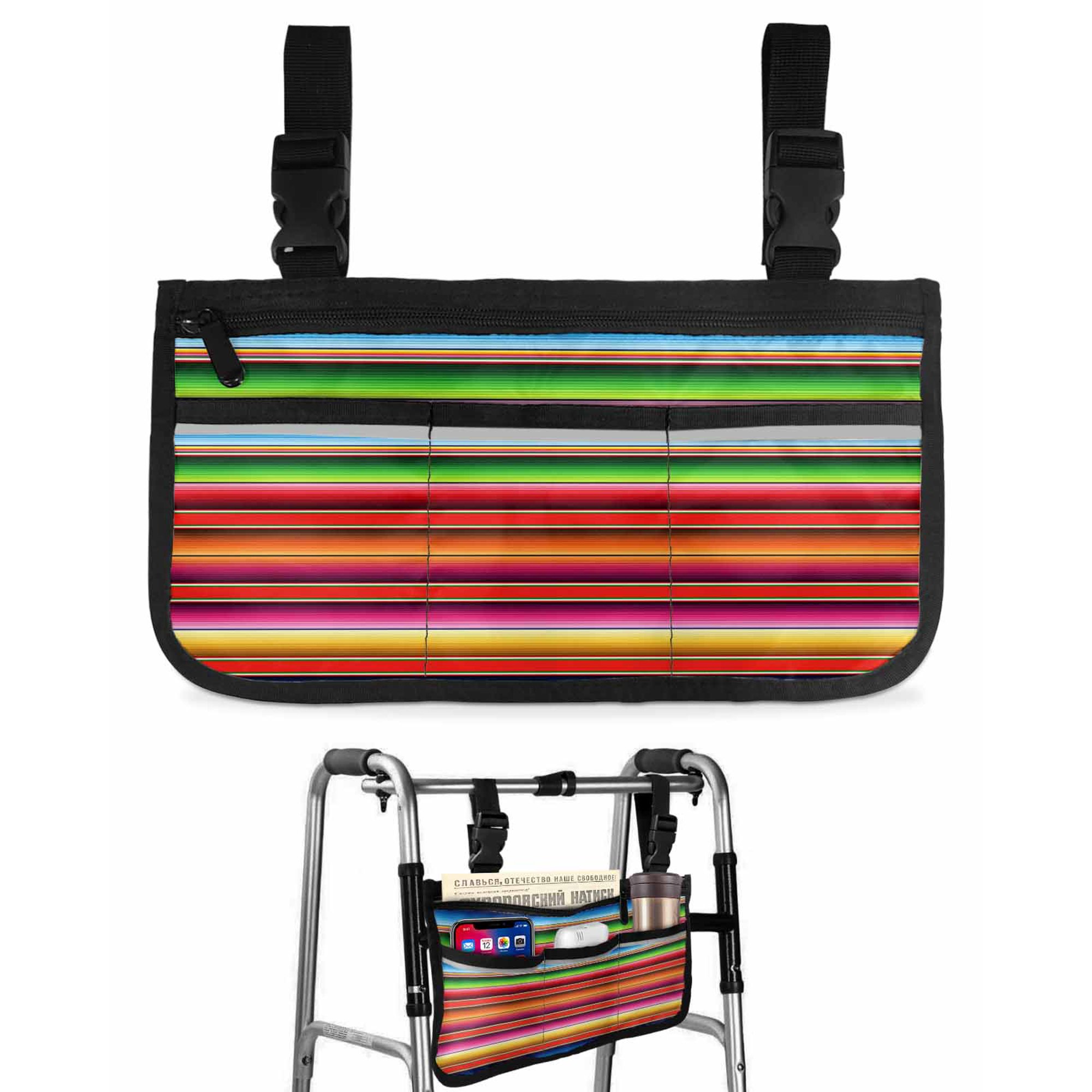 Abstract Wheelchair Side Bag with Cup Holder, Colorful Mexican Stripe Pattern Red Orange Bohemian Wheelchair Armrest Bag Storage Pouch Adults, Seniors for Walkers, Rollator, Scooter