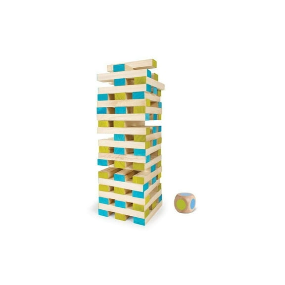 BS Toys Large Tower Wooden Block Stacking Game - Giant Paulownia Wood Blocks, Natural/Blue/Green, 60 Blocks   Color-Coded Die & Cotton Bag, Ages 4  GA277