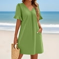 thumbnail image 4 of QIJIE Shift Dress for Women V Neck Short Sleeves Solid Color Casual Flowy Summer Dresses(S-2XL) Army Green 2XL, 4 of 5
