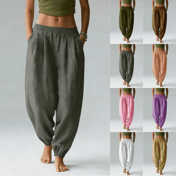Yuanlook Women's Elastic High Waist Harem Pants, Loose Cotton Trousers with Side Pockets for Daily Walks Outdoor Errands S-XXL