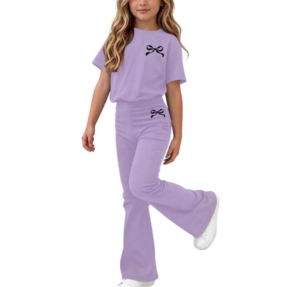 Fnooota Girls Summer Outfit Sets Size 10-12, Casual Short Sleeve Graphic Kids' Clothing Sets Girls' 2 Piece Sets Purple Size 10