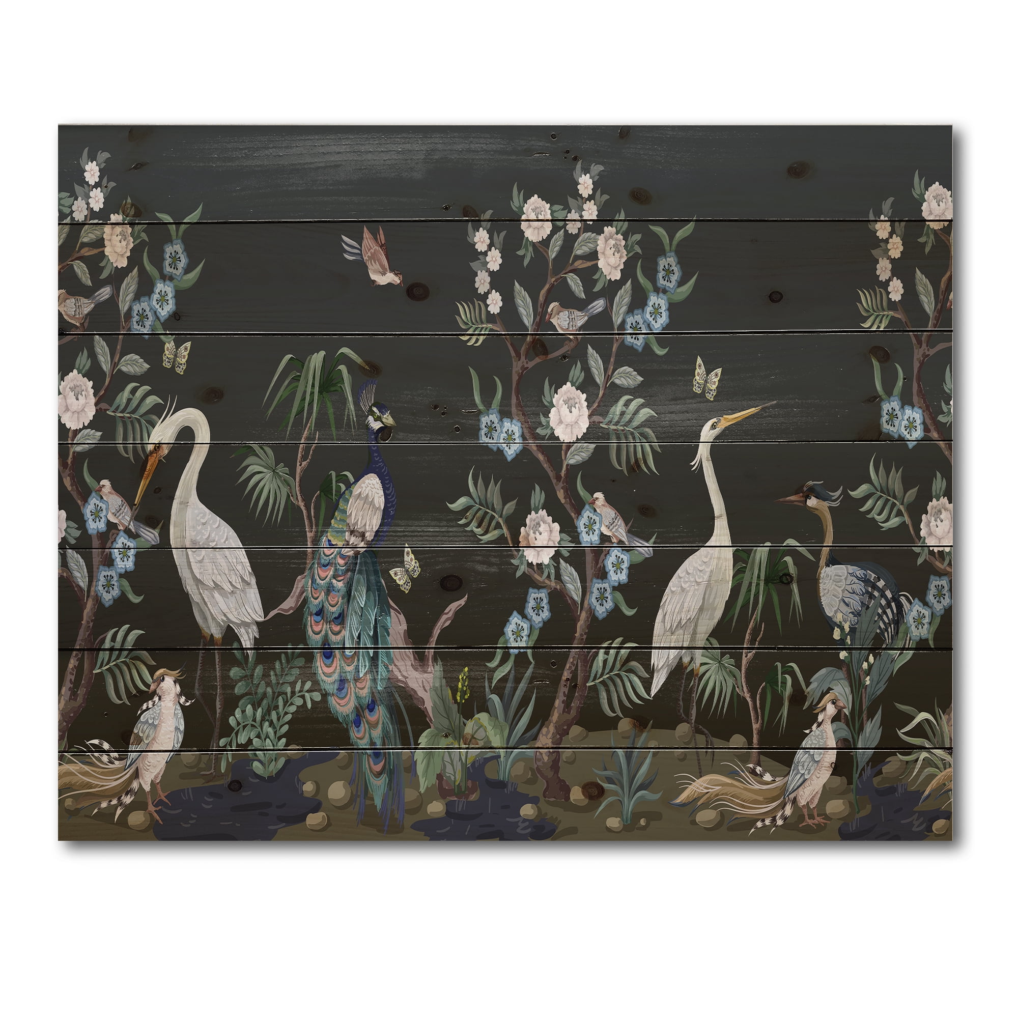 Designart 'Chinoiserie With Peonies and Birds IV' Traditional Print on Natural Pine Wood