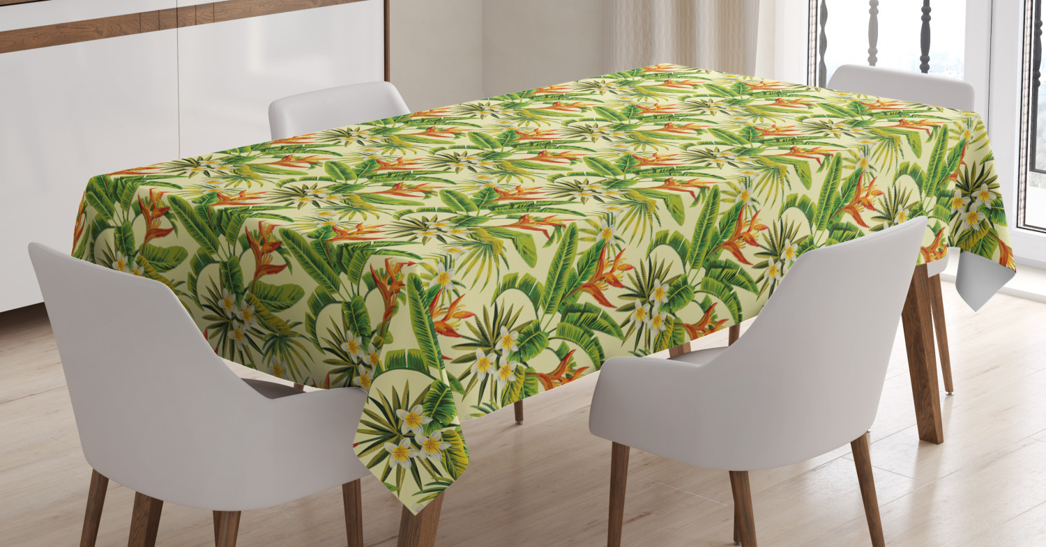Tropical Tablecloth, Exotic Plumeria Flowers and Palm Tree Leaves on