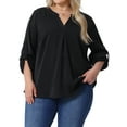 thumbnail image 1 of Blusa de Chiffon de Talla Grande para Mujeres GRACE & GRANDEUR, con Cuello en V, Mangas Largas Arremangadas y Espalda Plisada, Blusas Casuales Talla 2X, Color Negro, 1 of 1