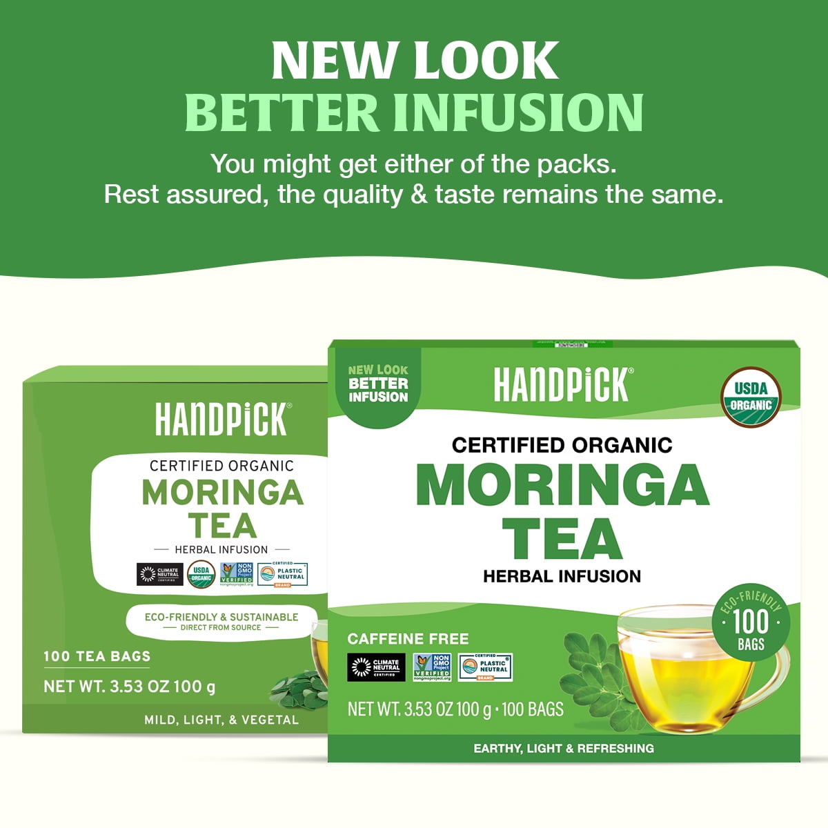 HANDPICK Organic Moringa Tea Bags (100 Count), Pure Moringa Leaves | Authentic Indian Origin