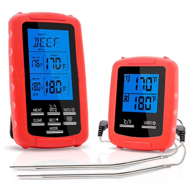 Termómetro Inalámbrico para Parrilla EN-2050, Rojo, Incluye 2 Piezas, Sonda de Acero Inoxidable, Resistente al Agua y Altas Temperaturas, Pantalla LCD con Luz de Fondo, Alcance de 70m,