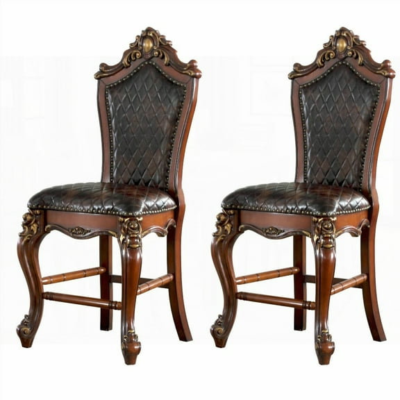 Chocolate and Honey Oak Set of 2 Armless Counter Height Chairs with Queen Anne Legs and Faux Leather Upholstery.