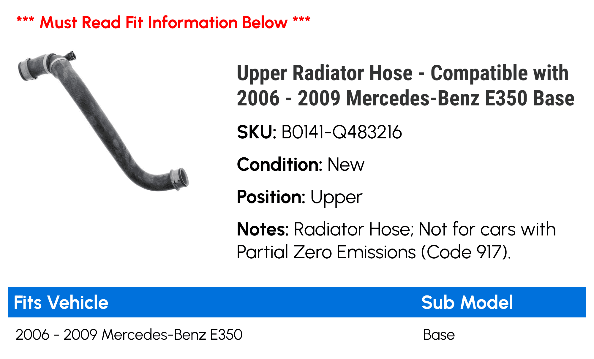 Upper Radiator Hose - Compatible with 2006 - 2009 Mercedes-Benz E350 Base 2007 2008