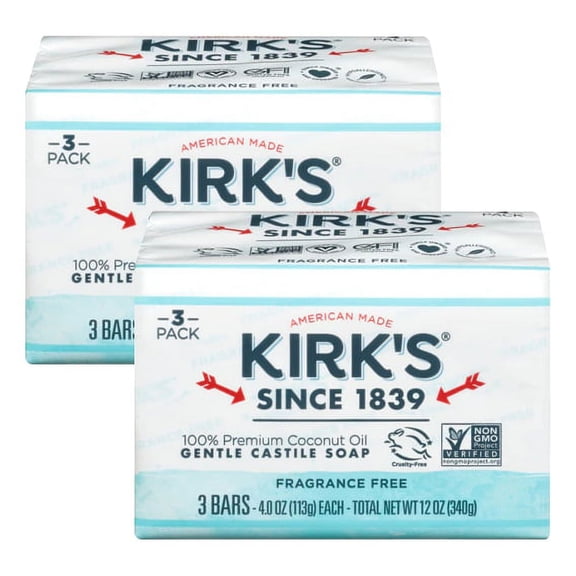 Castile Bar Soap by Kirk’s, Clean Soap Premium Coconut Oil, 2 Pack, 3 Bars Per Pack