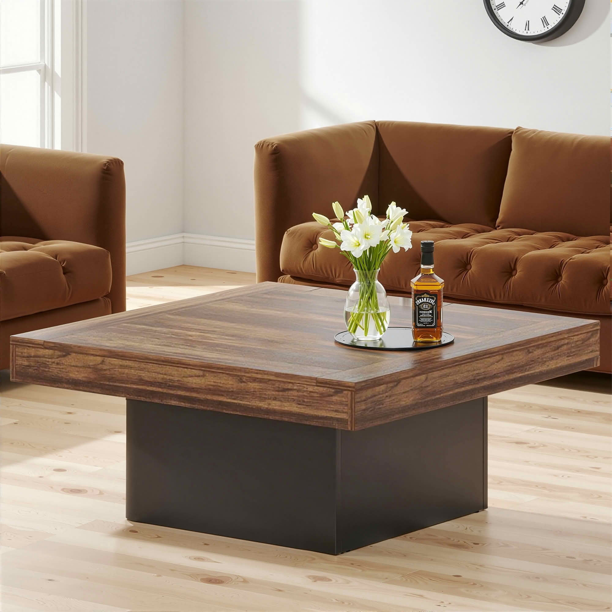 MAYEERTY 35.4" Square Farmhouse Coffee Table, Built-In Adjustable LED Light Rustic Wood-Look Engineered Wood Center Table for Living Room