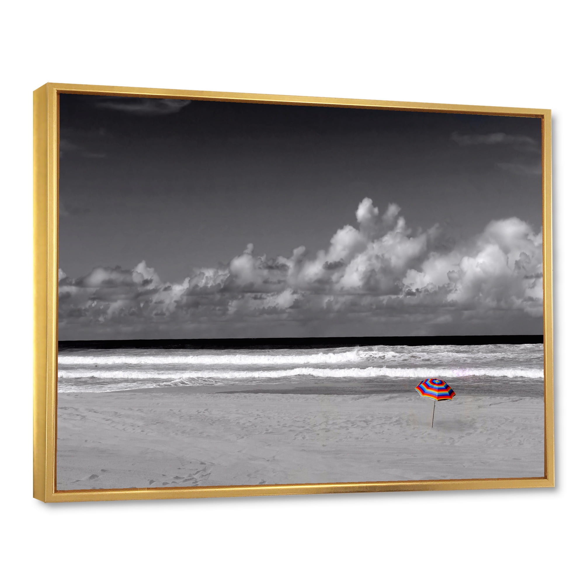 Designart 'Black and White Coastline Under Cloudy Sky' Lake House Framed Canvas Wall Art Print