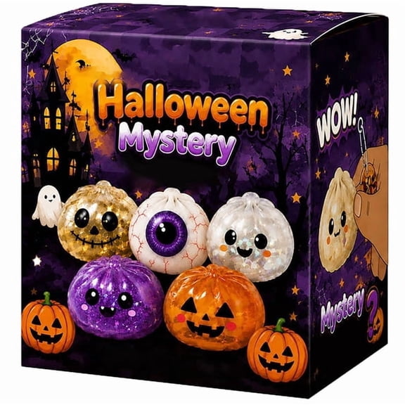 Crazy Fun RMS 1Pack 5 Styles Halloween Dumpling Blind Box, 2.17 Inch Glitter Stress Relief Squeeze Balls, Mystery Surprise Fidget Toy for Halloween Party Favors