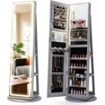 thumbnail image 1 of 360° Rotating Jewelry Armoire w/ LED Full-Length Mirror & Vanity Mirror, Lockable Standing Jewelry Organizer w/ Lights, Large Storage, Grey, 1 of 9