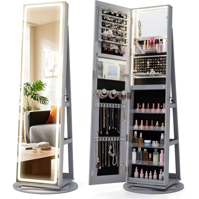 360° Rotating Jewelry Armoire w/ LED Full-Length Mirror & Vanity Mirror, Lockable Standing Jewelry Organizer w/ Lights, Large Storage, Grey