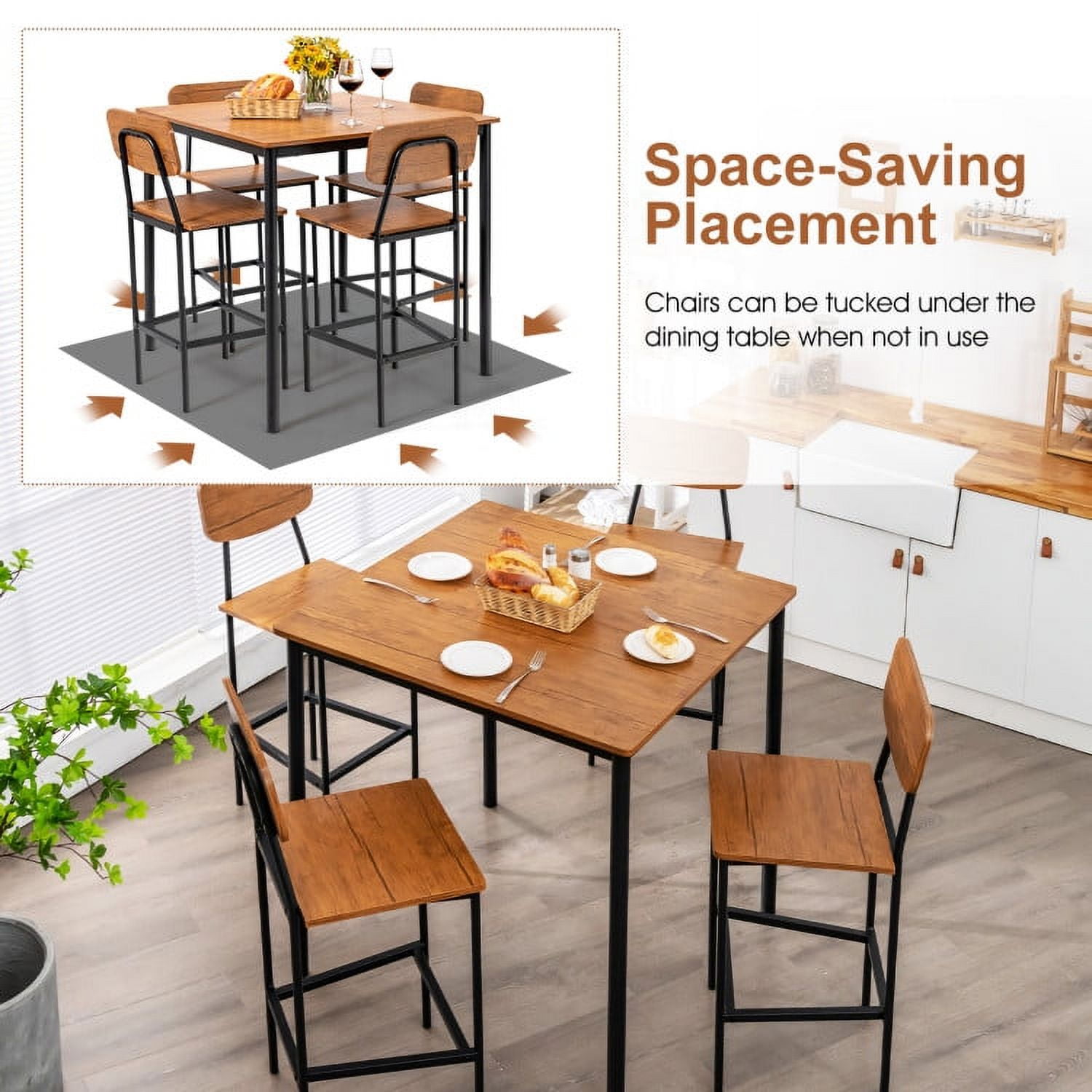 Finihen Dining Set, Dining Table Set, 5-Piece Industrial Dining Table Set with Counter Height Table and 4 Bar Stools, for Home, Restaurant, Walnut Finihen Dining Set, Dining Table Set, 5-Piece Industrial Dining Table Set with Counter Height Table and 4 Bar Stools, for Home, Restaurant, Walnut