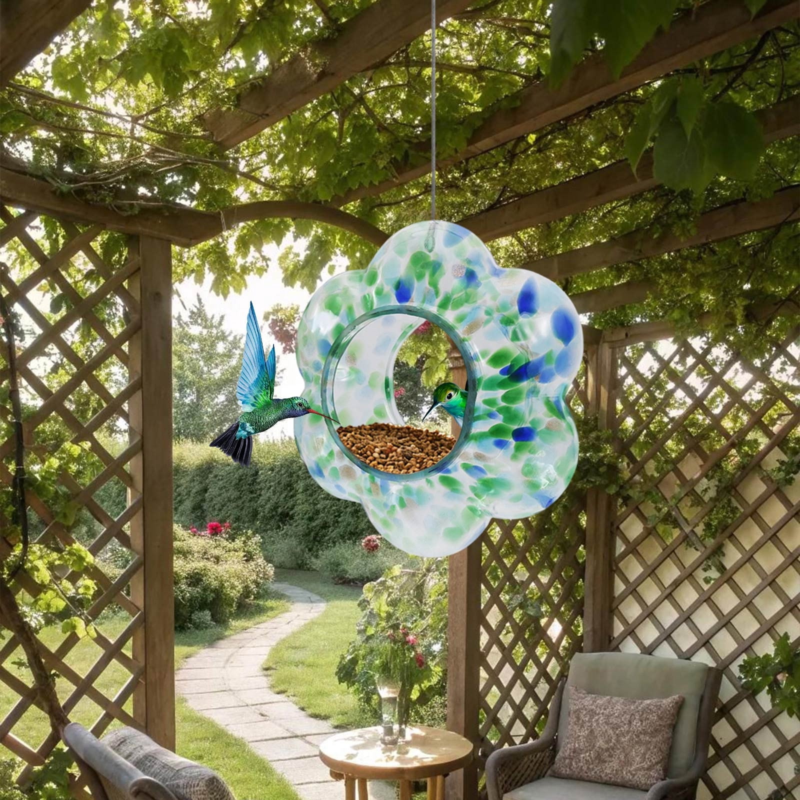 Garden Hanging Flower-Shaped Stained Glass Hummingbirds Feeder Hand-Painteds Polka Dots Glass Designs Outdoor Garden Nectars Station with Perchs Rings