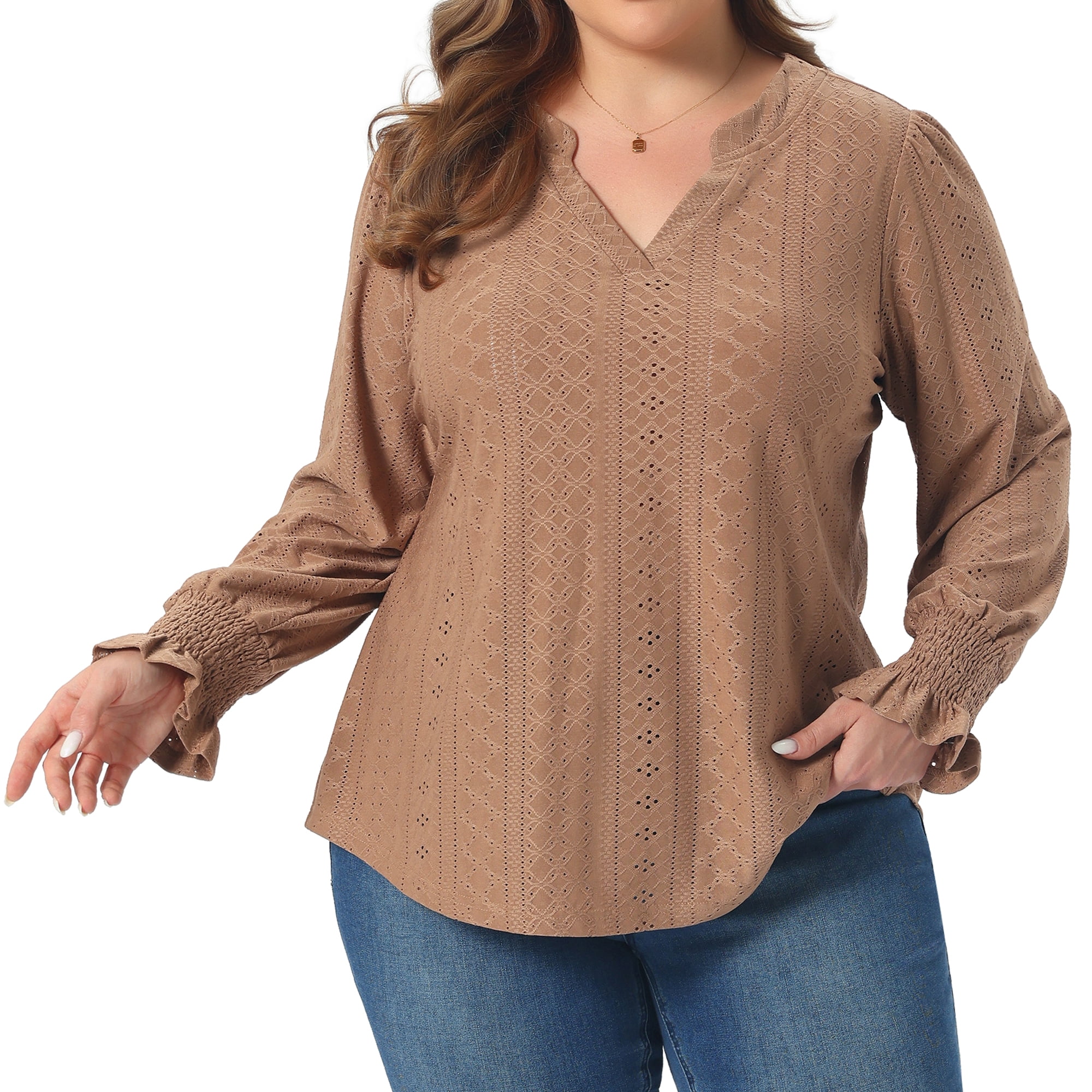 DARING DIVA Women's Plus Notched V Neck Eyelet Smocked Shirts Blouses 4X Brown