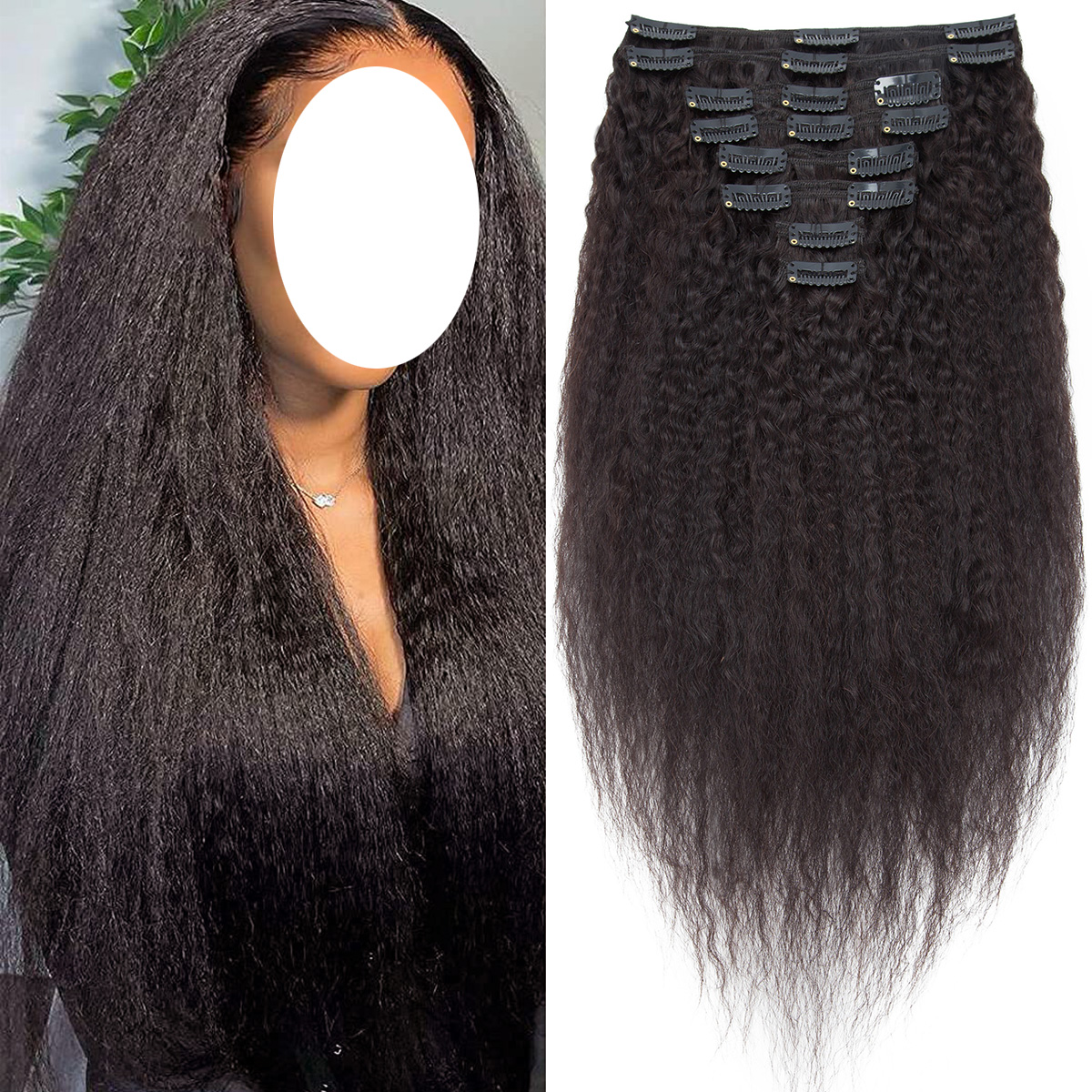SEGO Kinky Straight Clip in Hair Extensions Real Human Hair for Women Thick Brazilian Hair Natural Black - image 1 of 6