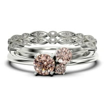 Unique 3 Stone Minimalist 1.55 Carat Round Cut Morganite Engagement Ring, Trilogy Ring, Wedding Ring in 925 Sterling Silver With 18k White Gold Plating, Trio Set, Matching Band