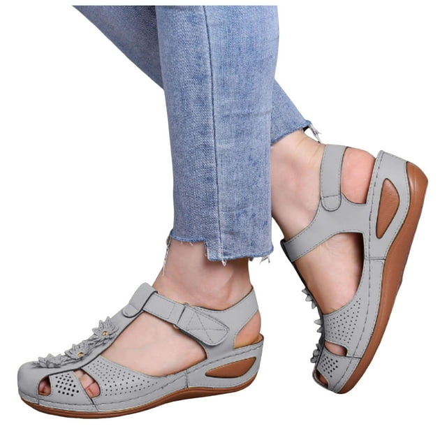 Sandales Orthopédiques à Talon Compensé à Bout Fermé pour Femmes 2025 Plage Confortables à Fleurs Marche Robe Chaussures d'Été