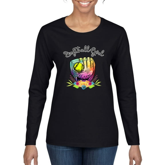 Wild Bobby, Colorful Softball Girl, Sports, Women Graphic Long Sleeve Tee, Black, Small