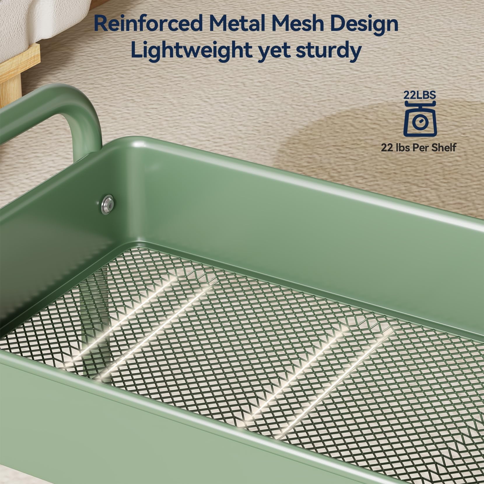 3 Tier Rolling Cart - Metal Utility Cart with Wheels, Hanging Cups, Hooks, Heavy Duty Mesh Rolling Storage Cart Organizer, Craft Cart for Kitchen Office, Lightweight and Sturdy