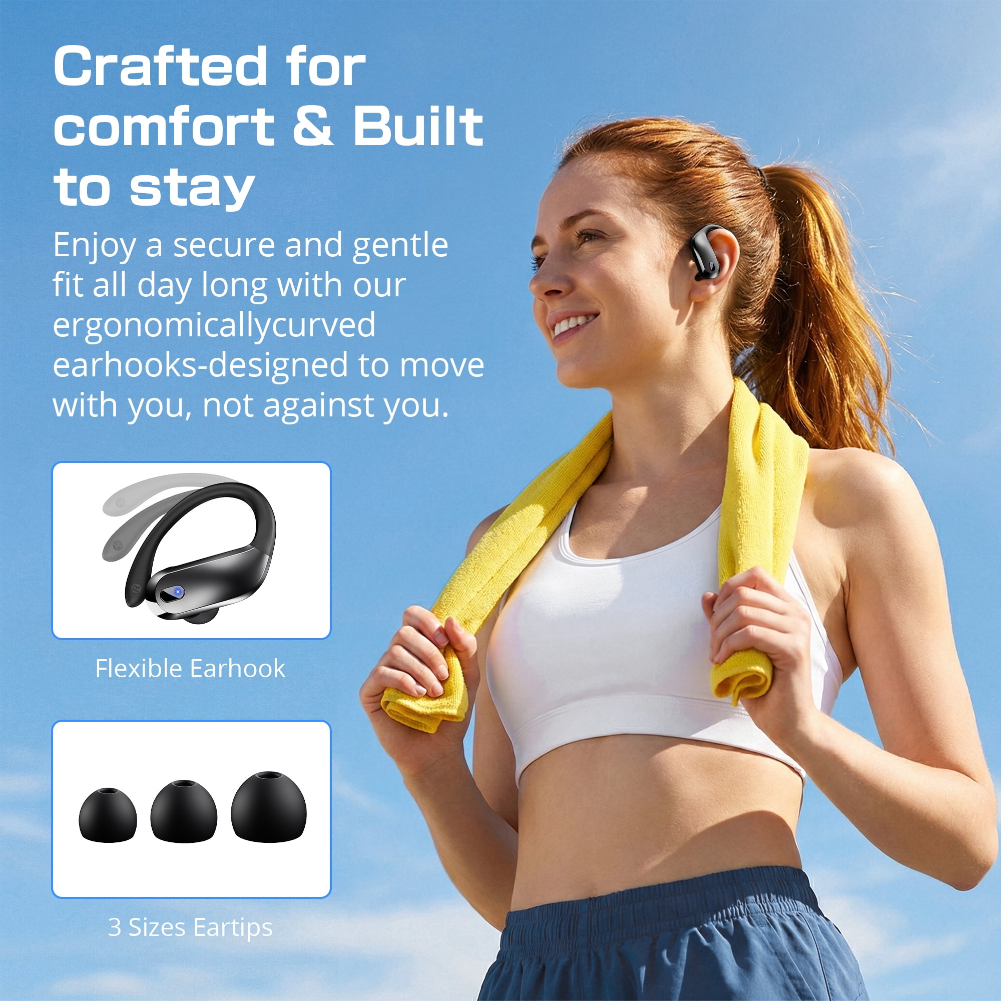 Wireless Earbuds Bluetooth 5.4 Headphones Sport, IPX7 Waterproof Earphones with Earhooks, 80H Playtime, Fast Charging Case, Noise Cancelling Mic, Lightweight Bluetooth Earbuds for Running Gym