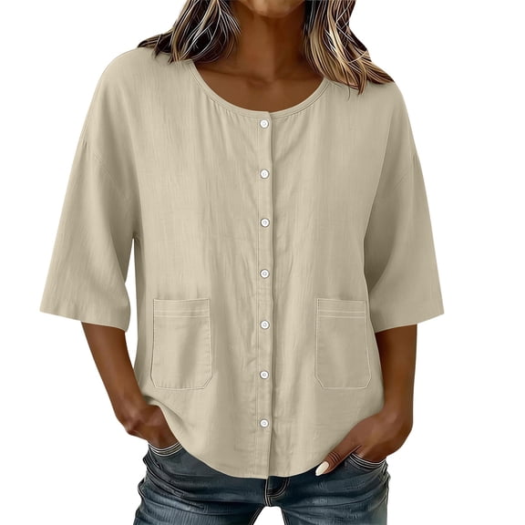 Turilly Women's Casual Cotton Linen 3/4 Sleeve Button Up T-Shirts Solid Color Loose Fit Open Front Top with Pockets