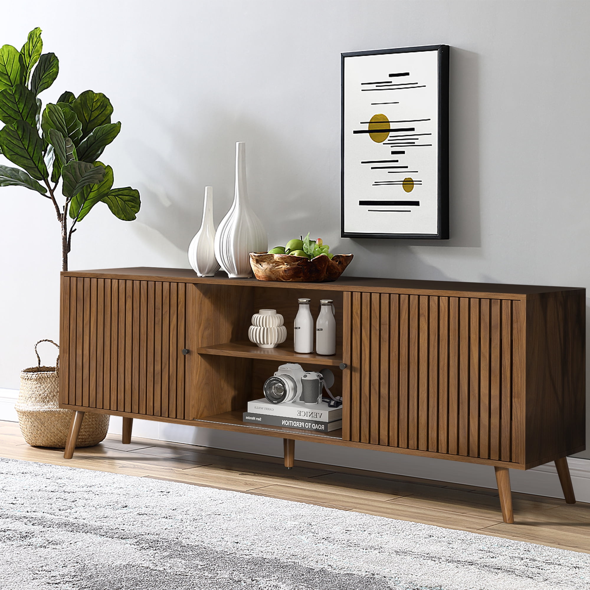 Diubas Mid Century Modern TV Stand for TV up to 70'', Television Stands, TV Consoles, Media Consoles, Walnut