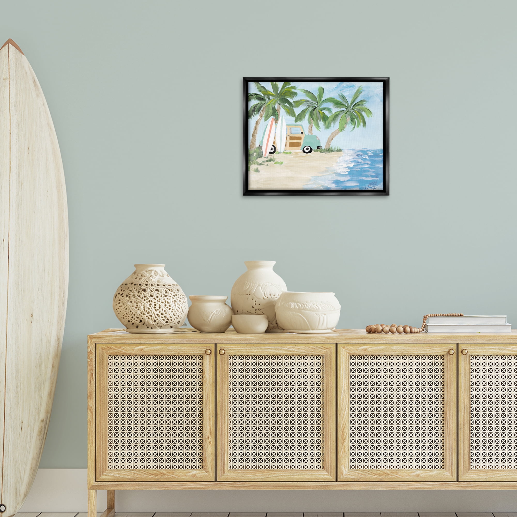 Stupell Industries Tropical Vacation Surfboards Landscape Painting Black Floater Framed Canvas Art Print Wall Art, 21 x 17
