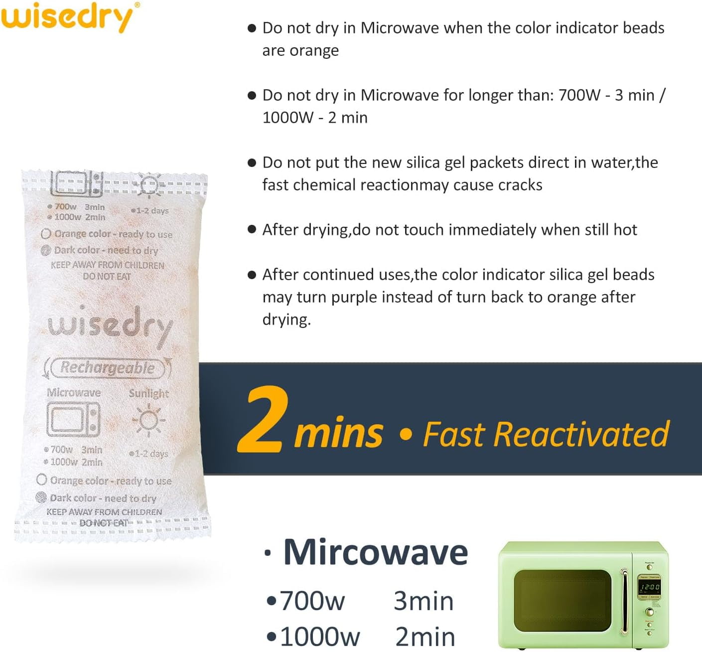 wisedry 50 Gram [10 Packs] Silica Gel Desiccant Packets Microwave Fast Reactivate Moisture Absorbers Bags with Indicating Beads for Closet Gun Safes Bathroom Food Grade