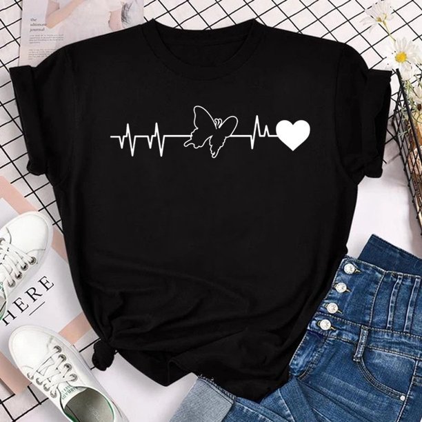 Camiseta Colorida Mariposa Love Heart print Nueva De Mujer Ropa De Verano De Manga Corta-Múltiples Colores Gao Jiahui unisex