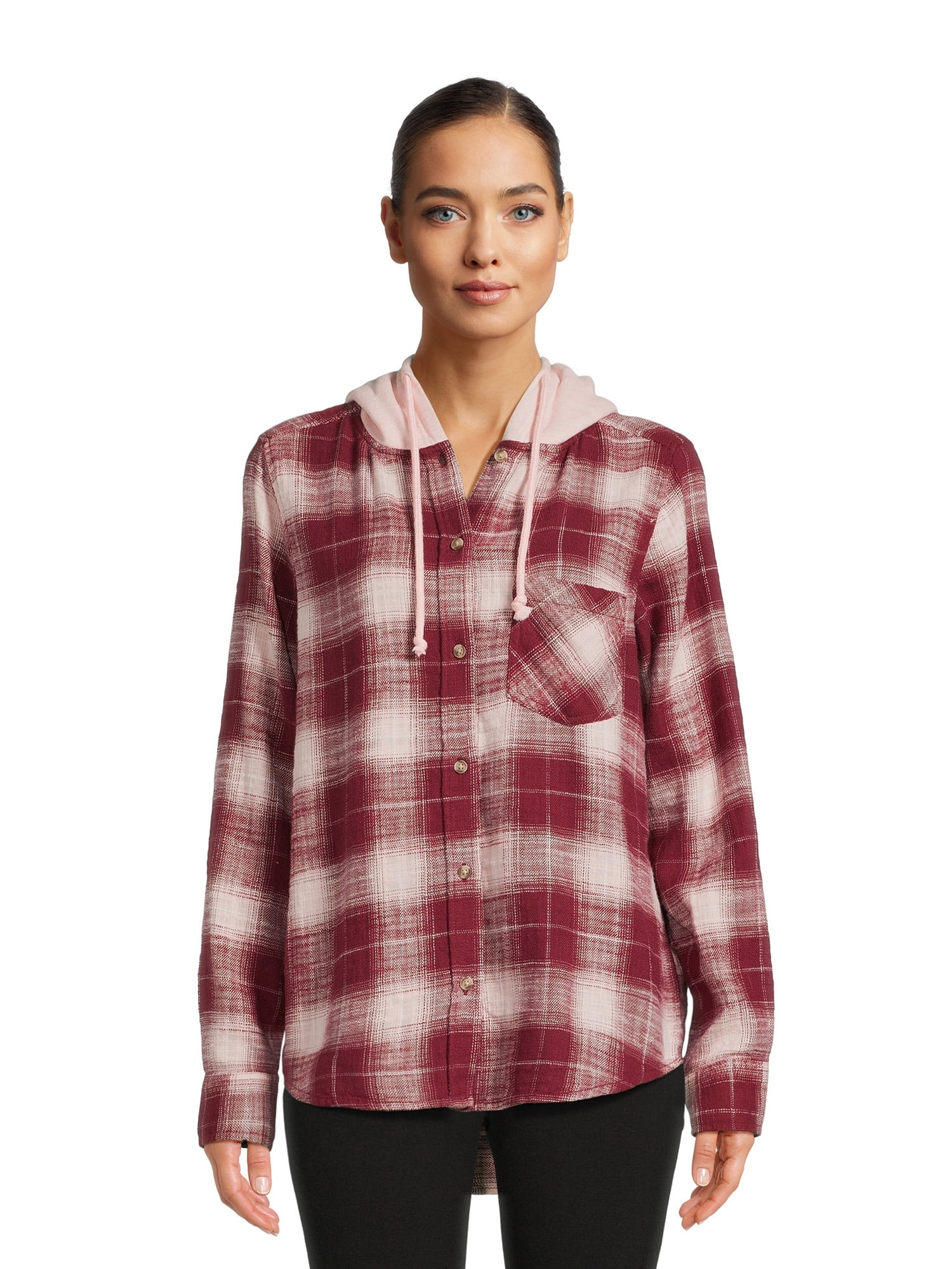 Time and Tru Women's Button Down Hooded Flannel Shirt, Sizes XS3XL