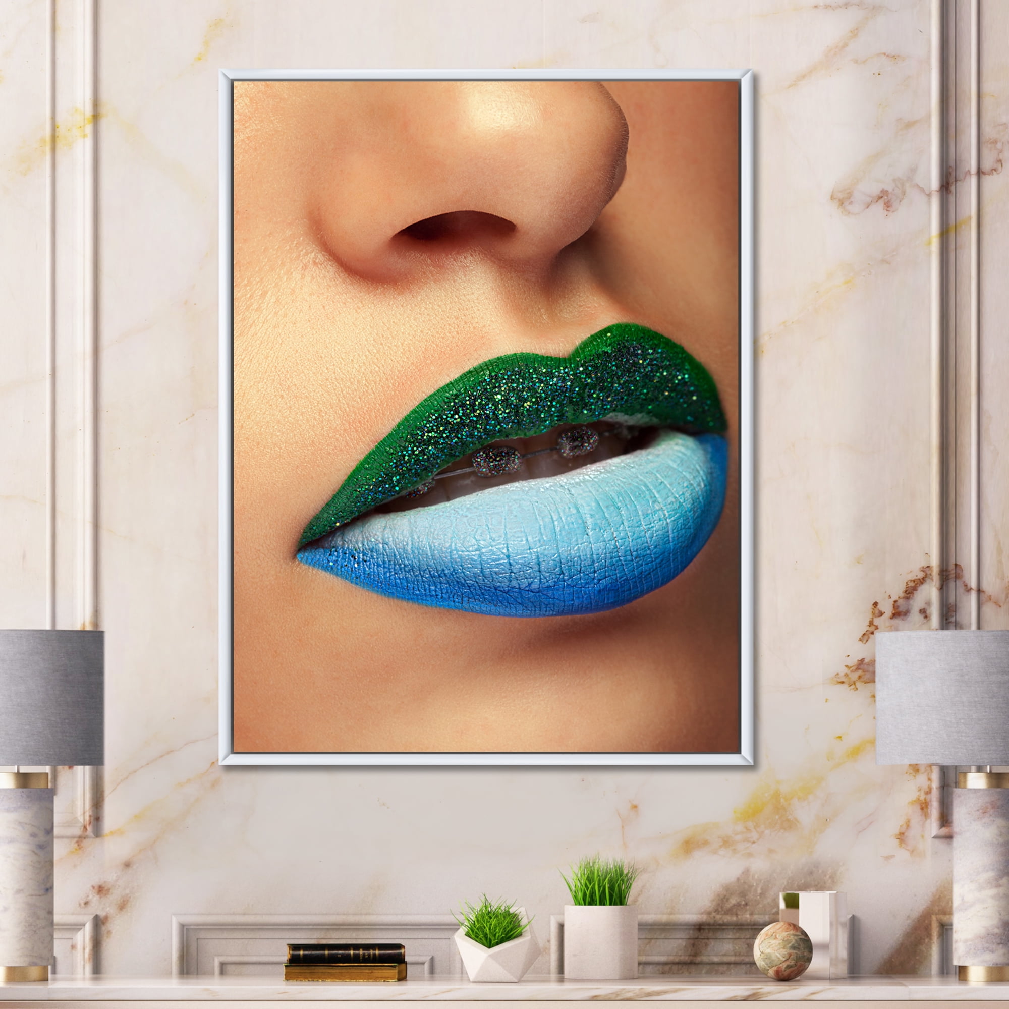Designart 'Close Up Woman Lips With Fashion Make Up and Brackets' Modern Framed Canvas Wall Art Print