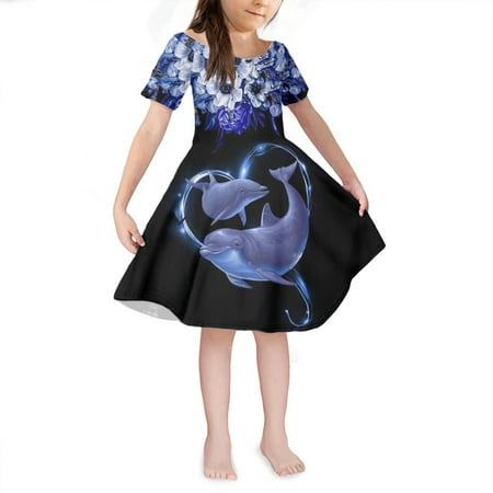 

NETILGEN Flower Heart Dolphins Couple Pattern Midi Dress with Short Sleeves Sundress for Party A Line Soft Dress Size 3-4 Years Old