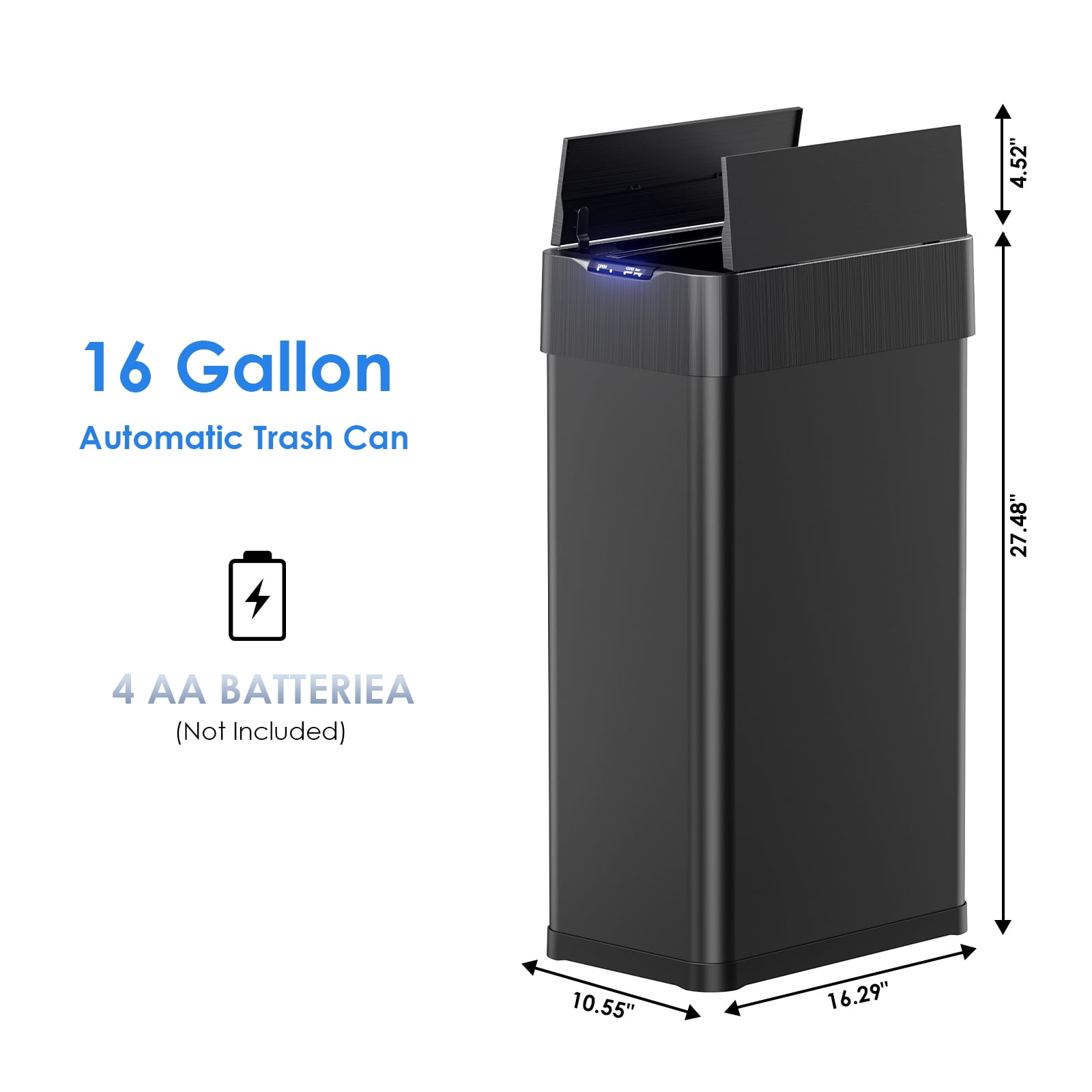 Arlopu Automatic Trash Can 16 Gallon Wings Open Lid Sensor Garbage Can with Soft-Close Lid and Display Light